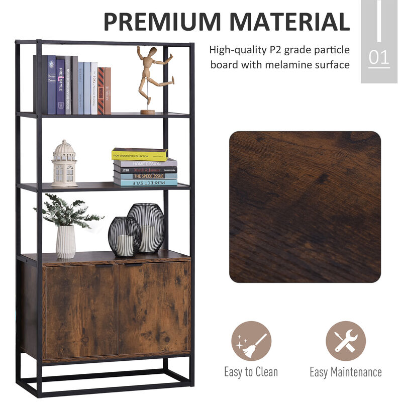 Tall Wooden Rustic 3-Tier Open Space Shelving with Bottom Hutch Storage Unit