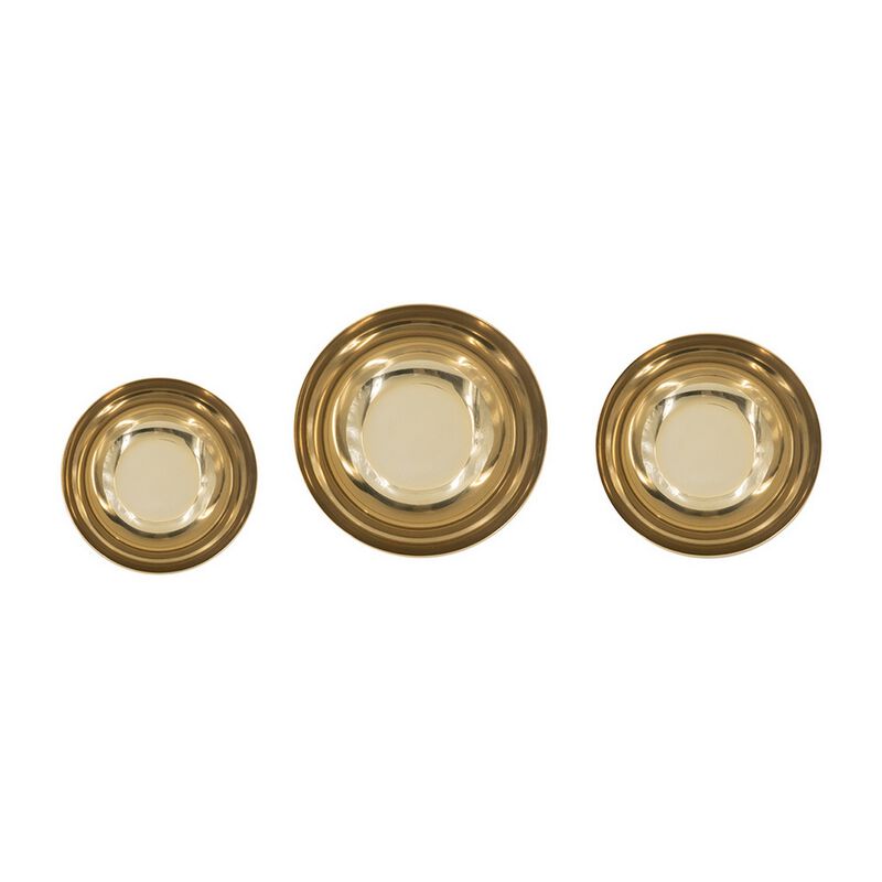 Set of 3 Round Bowls, Black and Gold Aluminum Finish, Sturdy Metal Stand - Benzara