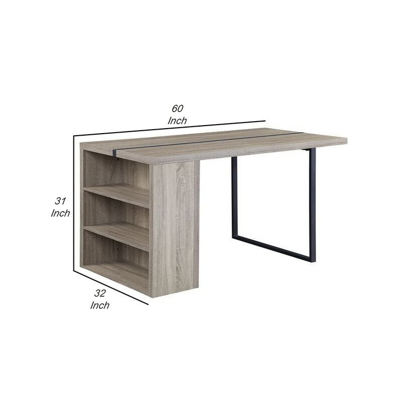 Dining Table with 3 Side Open Compartments and Metal Trim Inlay, Oak Gray-Benzara