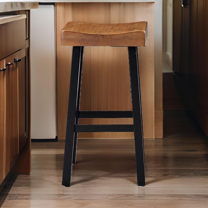 Bianca Barstool Set of 2, Light Brown Saddle Seat, Black Solid Wood