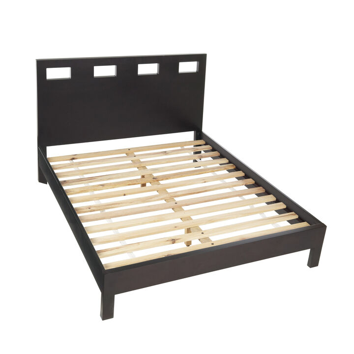 Yee King Size Platform Bed, Cut Out Panel Headboard, Espresso Brown Wood - Benzara