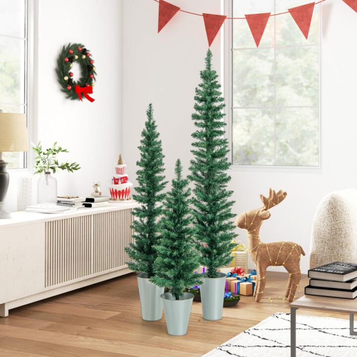Hivvago Set of 3 Potted Artificial Christmas Tree with Silver Metal Buckets