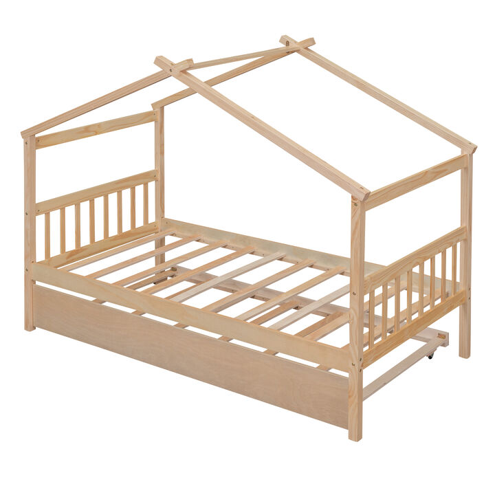 Twin Size Wooden House Bed With Twin Size Trundle, Natural