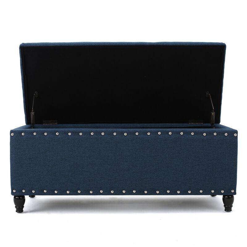 Sharon Storage Ottoman Bench, Navy Blue Fabric, Nailhead Trim, 42 Inch -Benzara