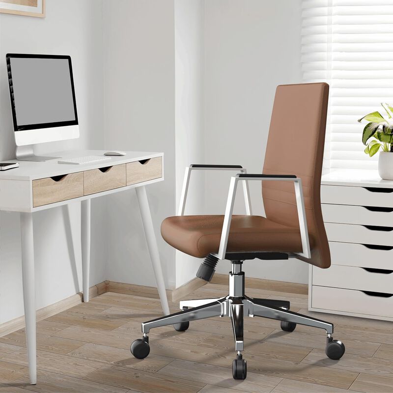 LeisureMod Aleen Mid-Century Modern Office Chair in Upholstered Leather and Iron Frame with Swivel and Tilt