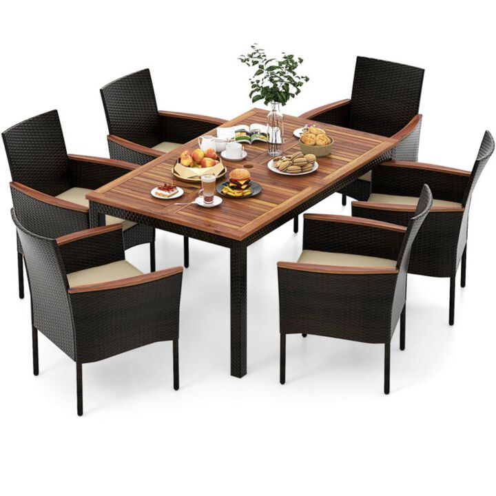 Hivvago 7 Pieces Rattan Patio Dining Set with Stackable Chairs and Umbrella Hole