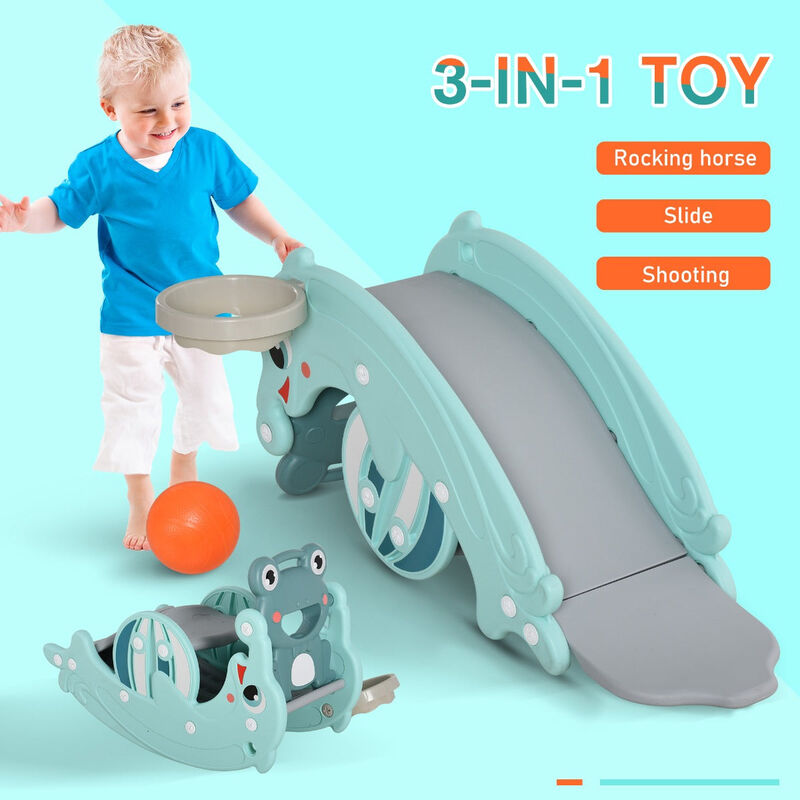 Green Toddler Playground: 3-in-1 Slide, Rocker, and Basketball Hoop
