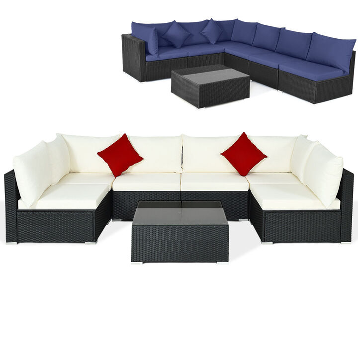 7-Piece Outdoor Sectional Wicker Patio Sofa Set with Tempered Glass Top