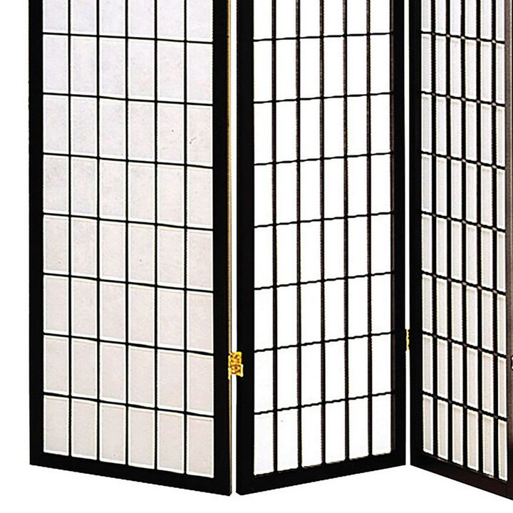 4 Panel Foldable Wooden Frame Room Divider with Grid Design, Black-Benzara