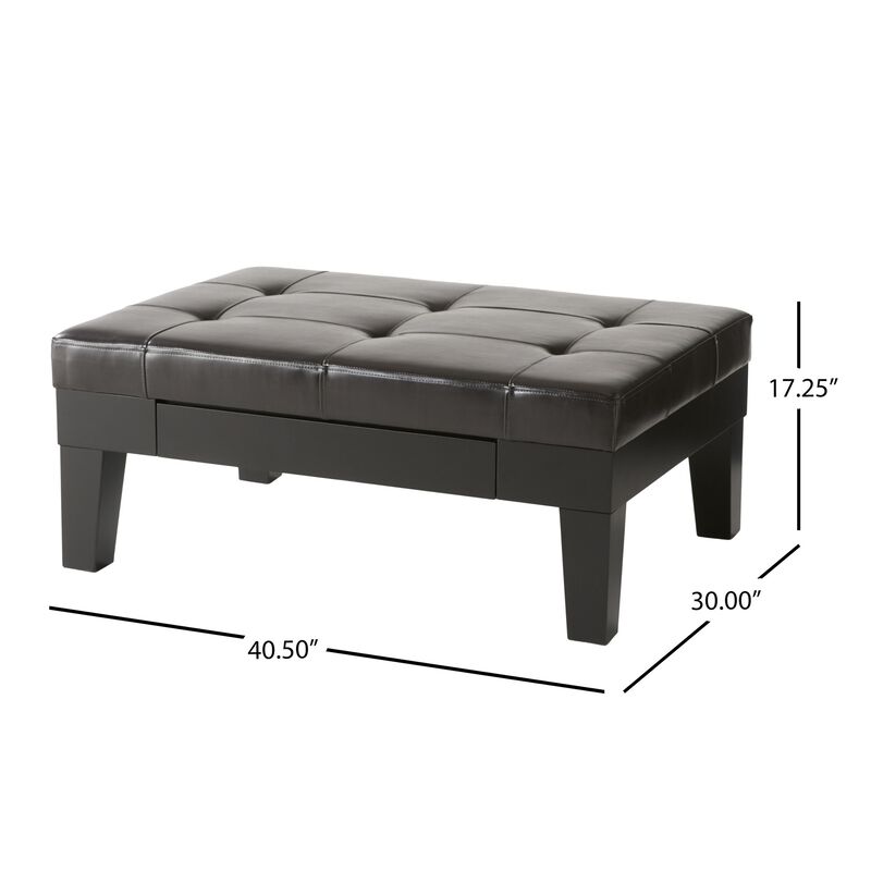 Olivia Ottoman Table, Drawer, Black Faux Leather, Coffee Brown 41 Inch - Benzara