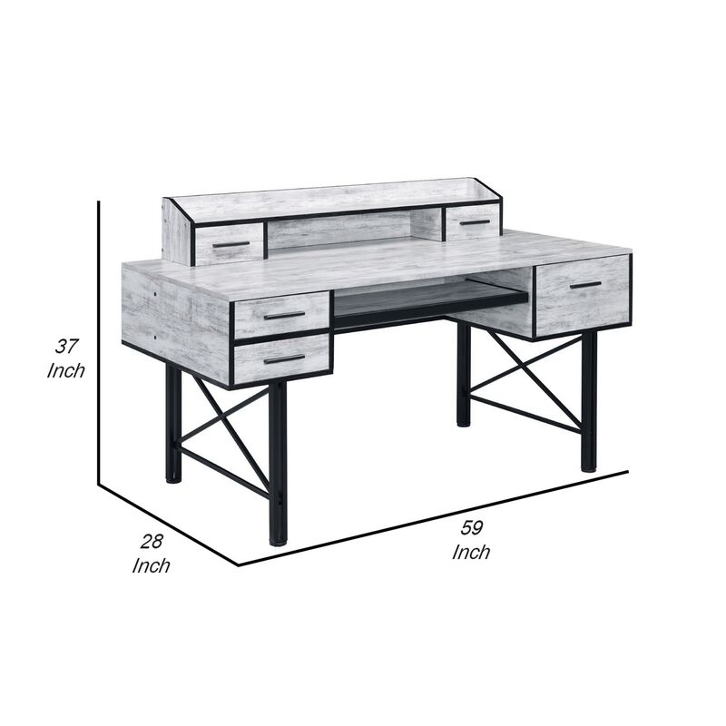 Computer Desk with 5 Drawers and Grains, Antique White and Black-Benzara