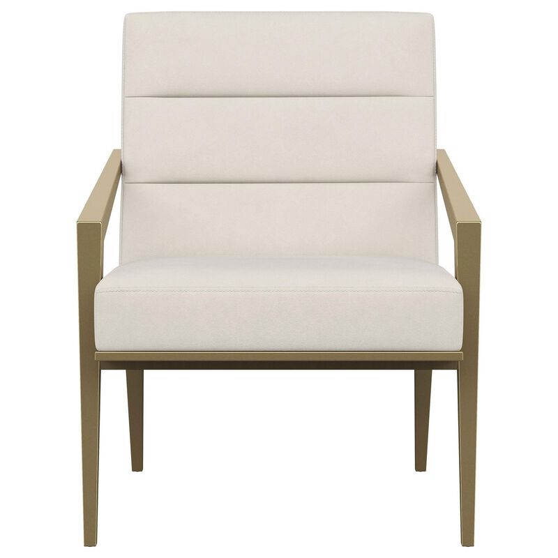 Kiara Accent Chair, Channel Tufted Cream Fabric, Gold Metal Frame - Benzara