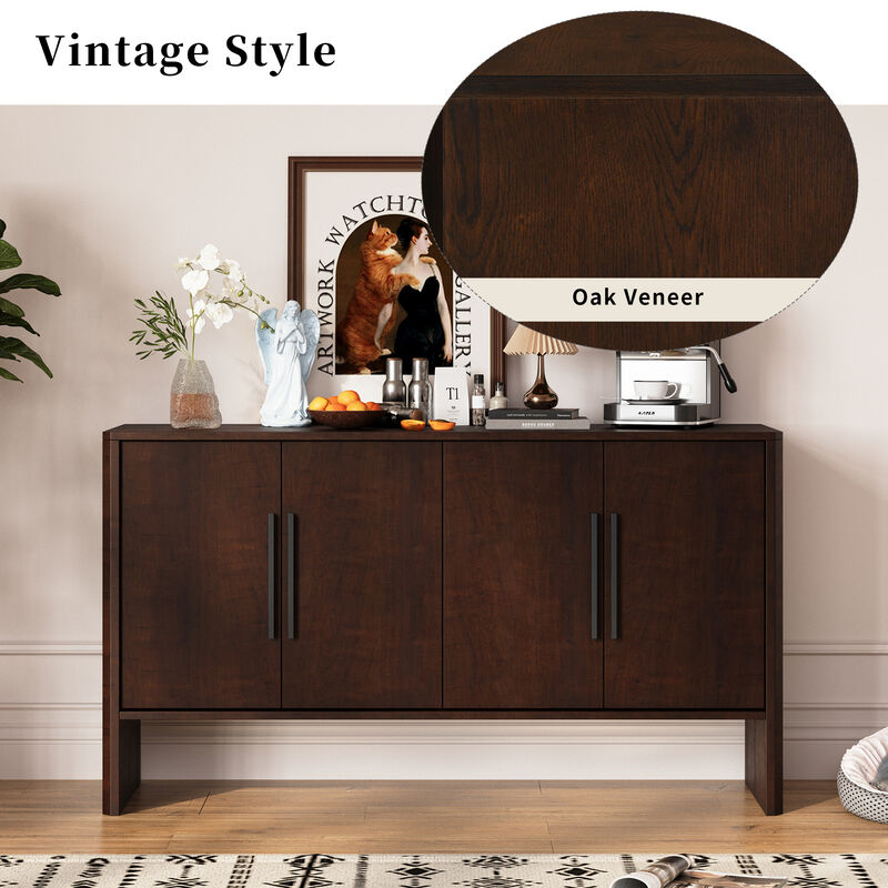 Clihome Sideboard Buffet Cabinet with Storage, Retro Sideboard Cabinet with Adjustable Shelves and Long Handles, 4-Door Wood Sideboard for Kitchen, Dining Room and Living Room (Espresso)