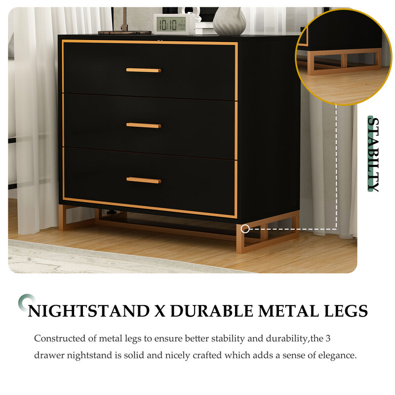 FUFU&GAGA Modern Black 3-Drawer Dresser with Gold Trim, Metal Handles & Base – Stylish Storage Cabinet for Bedroom(31.5"W x 15.7"D x 28.7"H),Black