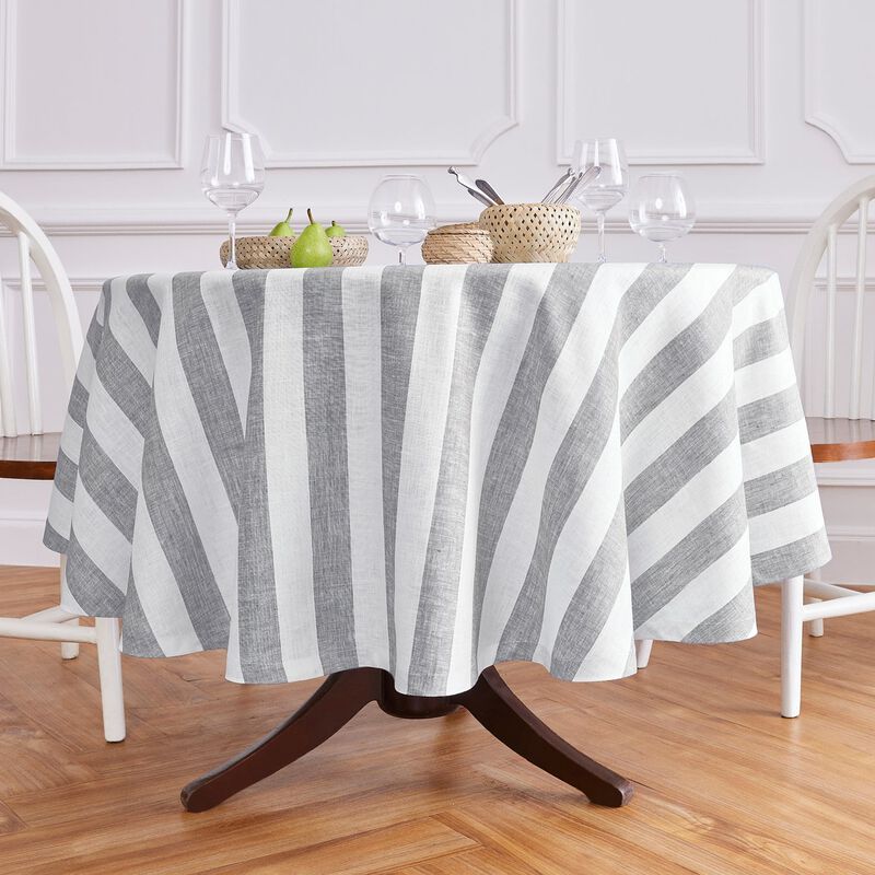Solino Home 100% Pure Linen Round Tablecloth | Cabana Stripe for Spring & Easter