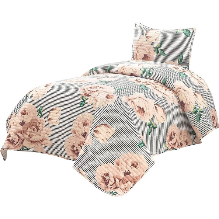 Hivvago Twin/Twin XL Size Polyester Black White Striped Rose Floral 2 Piece Quilt Set