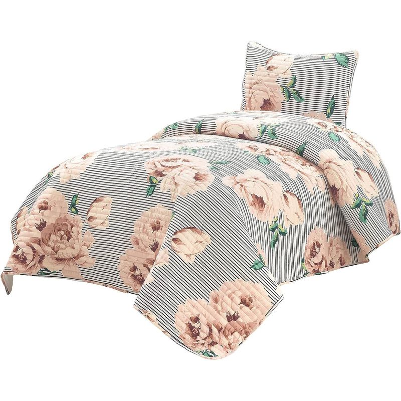 Hivvago Twin/Twin XL Size Polyester Black White Striped Rose Floral 2 Piece Quilt Set
