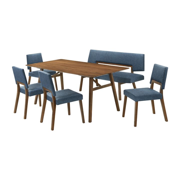 Yumi 6 Piece Dining Table Set, Chairs, Bench, Blue Fabric, Wood Brown - Benzara