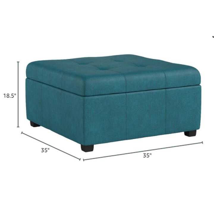 Carl Storage Ottoman, Teal Tufted Fabric, Soft Cushion, Black, 35 Inch - Benzara
