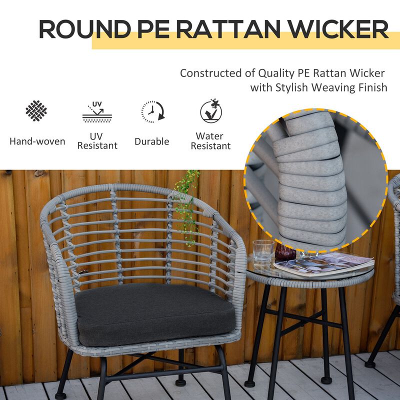 Black Patio Conversation: 3-Piece PE Rattan Bistro Set with Table