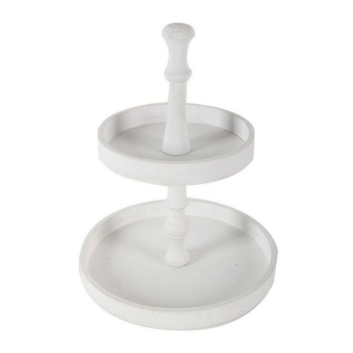 Semy 15 Inch 2 Tier Round Decorative Serving Tray, White Wood Finish - Benzara