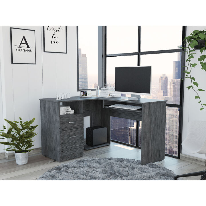 Mix L-Shaped Desk, Keyboard Tray, Two Drawers, Single Open Shelf - Smokey Oak