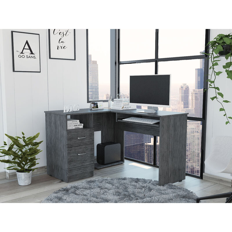 Mix L-Shaped Desk, Keyboard Tray, Two Drawers, Single Open Shelf - Smokey Oak