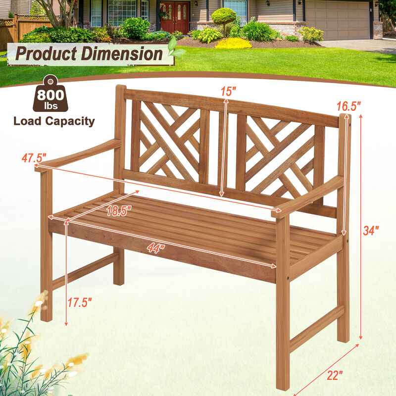 2-Person Wood Outdoor Bench with Cozy Armrest and Backrest-Brown