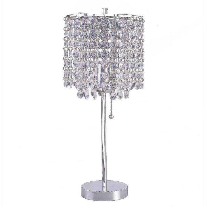 Chandelier Crystal Accented Table Lamp with Tubular Frame, Chrome and Clear-Benzara