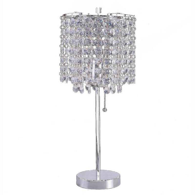 Chandelier Crystal Accented Table Lamp with Tubular Frame, Chrome and Clear-Benzara