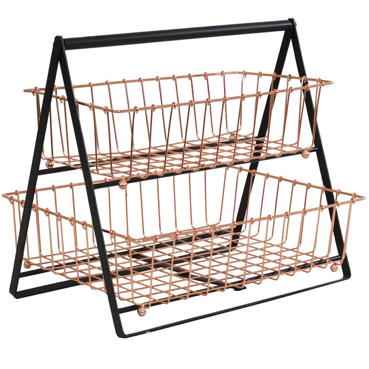 Sunnydaze 2-Tier Wire Storage Basket with Handle for Countertop - Copper