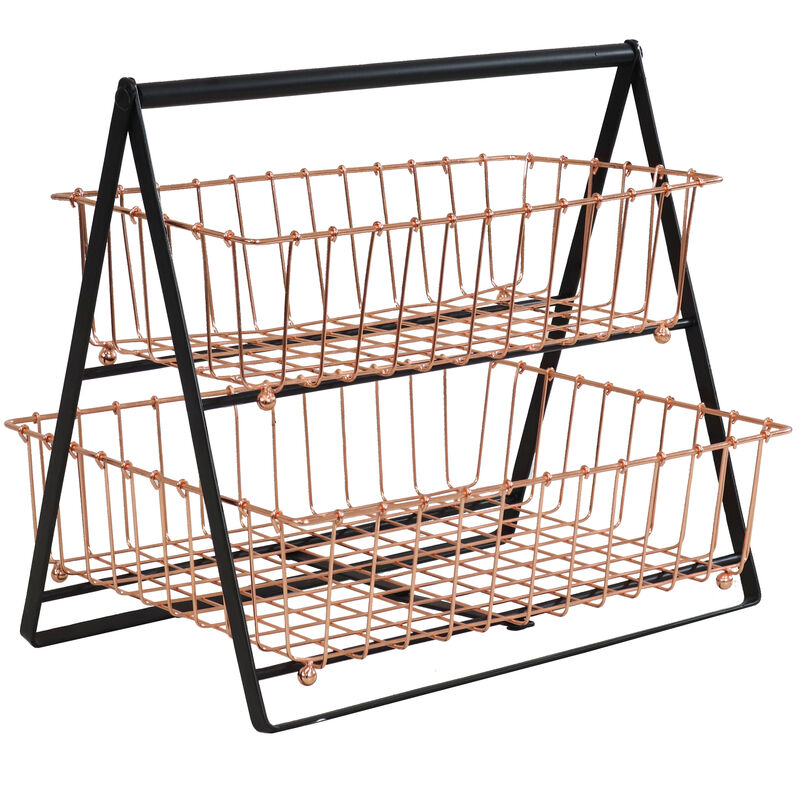 Sunnydaze 2-Tier Wire Storage Basket with Handle for Countertop - Copper