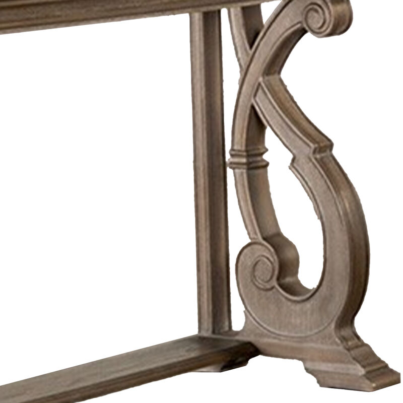 Gia Sofa Table, 50 Inch Rectangular, Carved Details, Brown Solid Wood