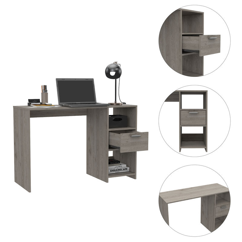 DEPOT E-SHOP Naxos Computer Desk with 1-Drawer and 2-Open Storage Shelves, Light Gray