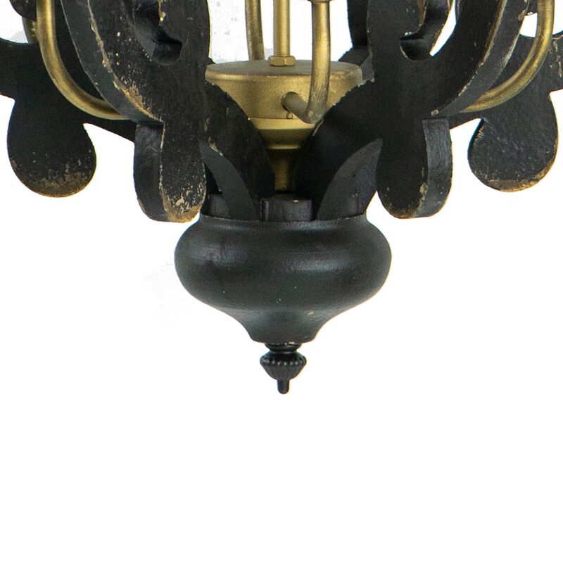 Aki 21 Inch Carved Wood Chandelier, 6 Lights, Vintage Classic, Black, Gold-Benzara