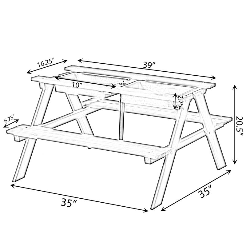 Kids Picnic Play Table, Sandbox Table with Umbrella Hole and 2 Play Boxes with Removable Top, Gray