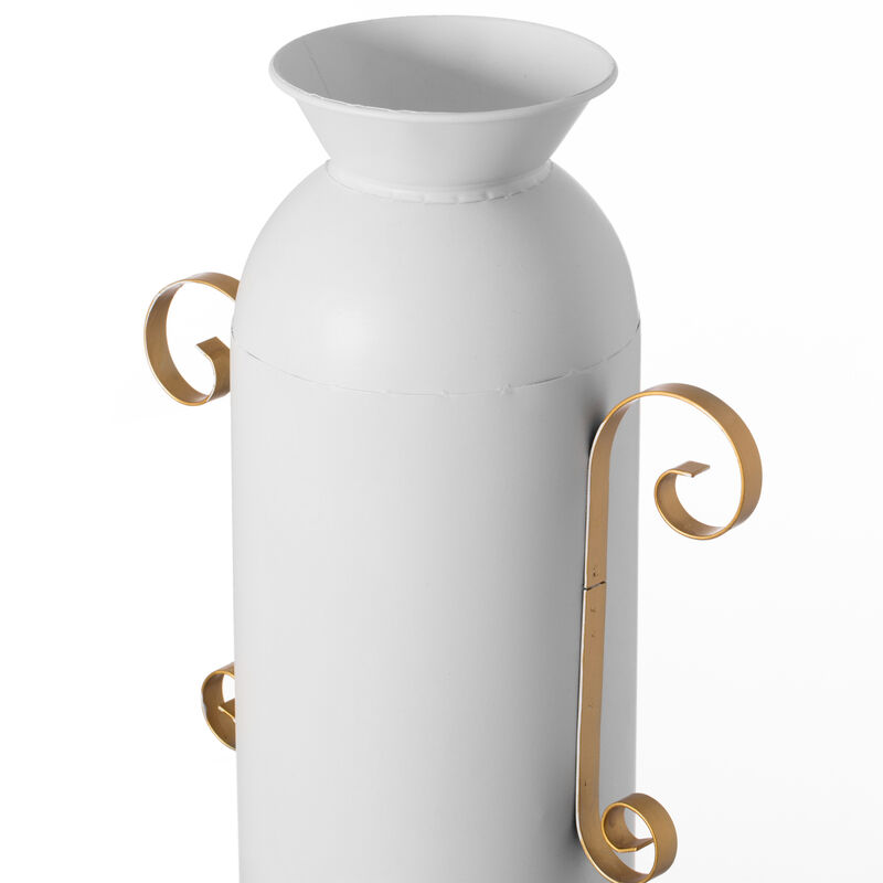 19.25 in Tall Decorative White Metal Floor Vase With 2 Gold Handles - Elegant Handcrafted Chic Vessel for Entryway, Living Room, or Dining Room - Modern Home Decor Accent - Tall Floor Standing Vase