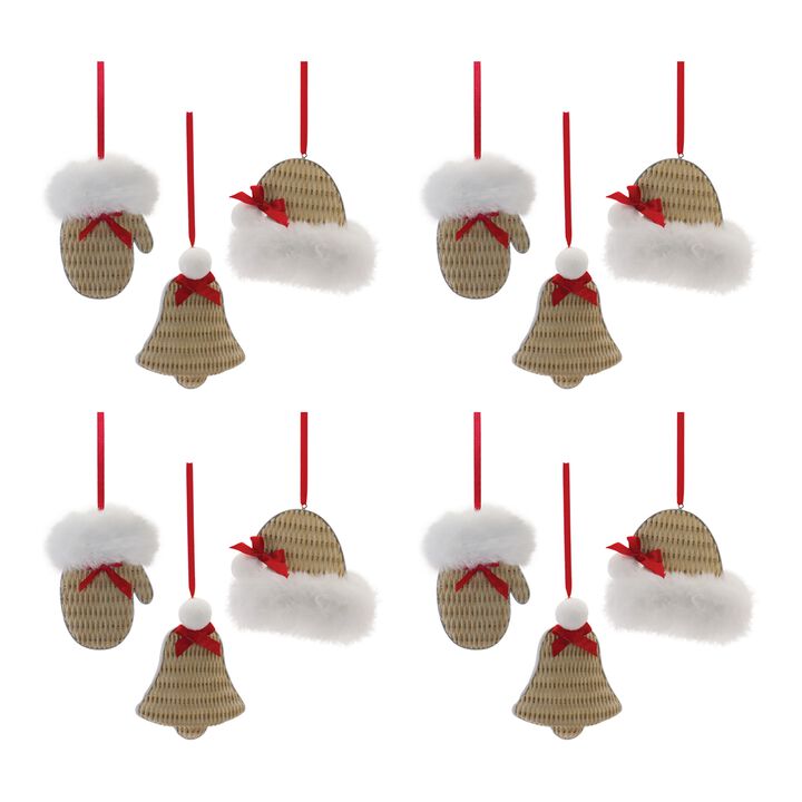 Mitten, Hat, and Bell Christmas Ornaments for Holiday Tree Decoration (Set of 12)