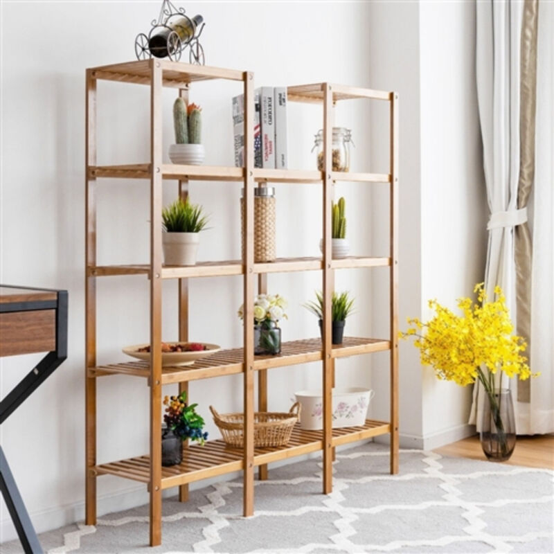 Wicker Wood 4-Shelf Bookcase Plant Stand Shelving Unit