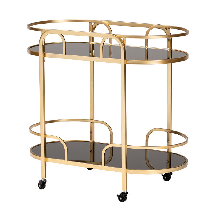 Baxton Studio Leighton and Luxe Gold Metal and Tempered Glass 2-Tier Wine Cart