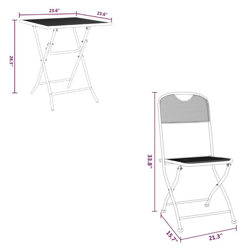 Yoko 3pc Outdoor Dining Breakfast Bistro Set w 2 Folding Chairs, Gray - Benzara