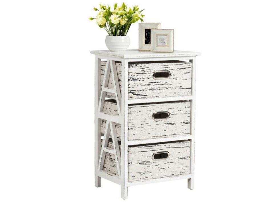 Vintage Wood Frame End Table  Chest with 3 Fabric Drawers
