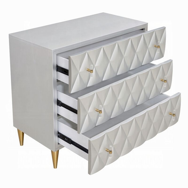 36 Inch Wide Nightstand Dresser, Drawers w Jewelry Tray, Silver, Gold - Benzara