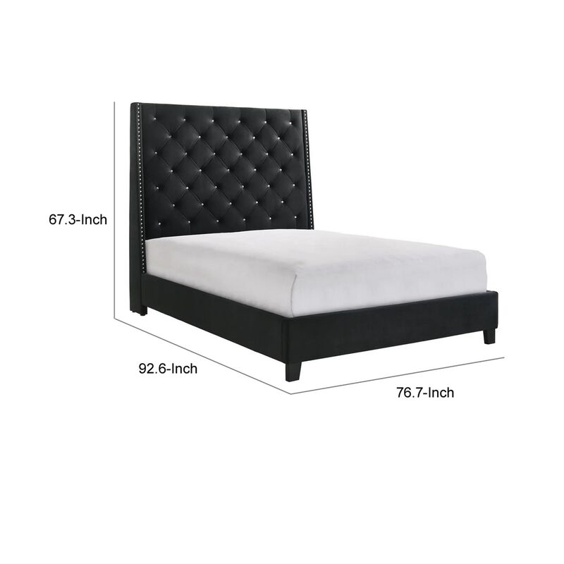 Benjara Maze King Size Bed, Button Tufted, Nailhead Trim, Black Fabric Upholstery