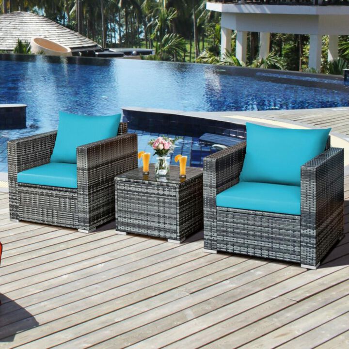 Hivvago 3 Pieces Patio Rattan Furniture Bistro Sofa Set with Cushioned