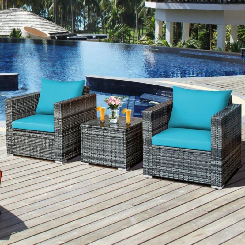 Hivvago 3 Pieces Patio Rattan Furniture Bistro Sofa Set with Cushioned
