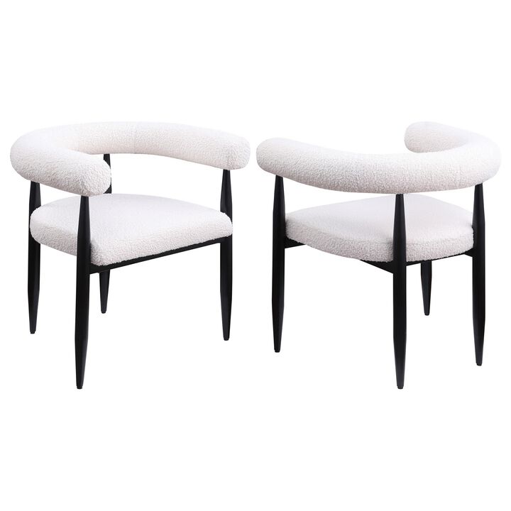 Noris Dining Chair Set of 2, White Fabric C-Shaped Back, Black Metal - Benzara