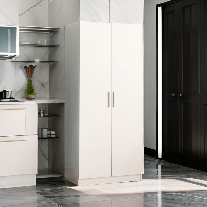 Avy Standing Closet with 2 Hanging Bar and 5 Shelves, Double Door, White - Benzara