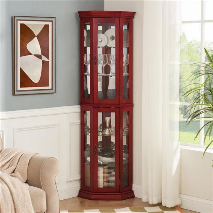 Corner Curio Cabinet Lighted Corner Display with Adjustable Glass Shelves and Mirrored Back