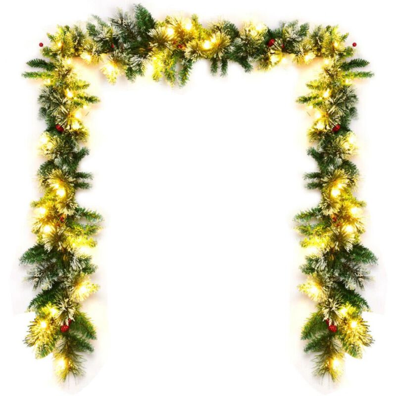 Hivvago 9 Feet Pre-lit Snow Flocked Tips Christmas Garland with Red Berries